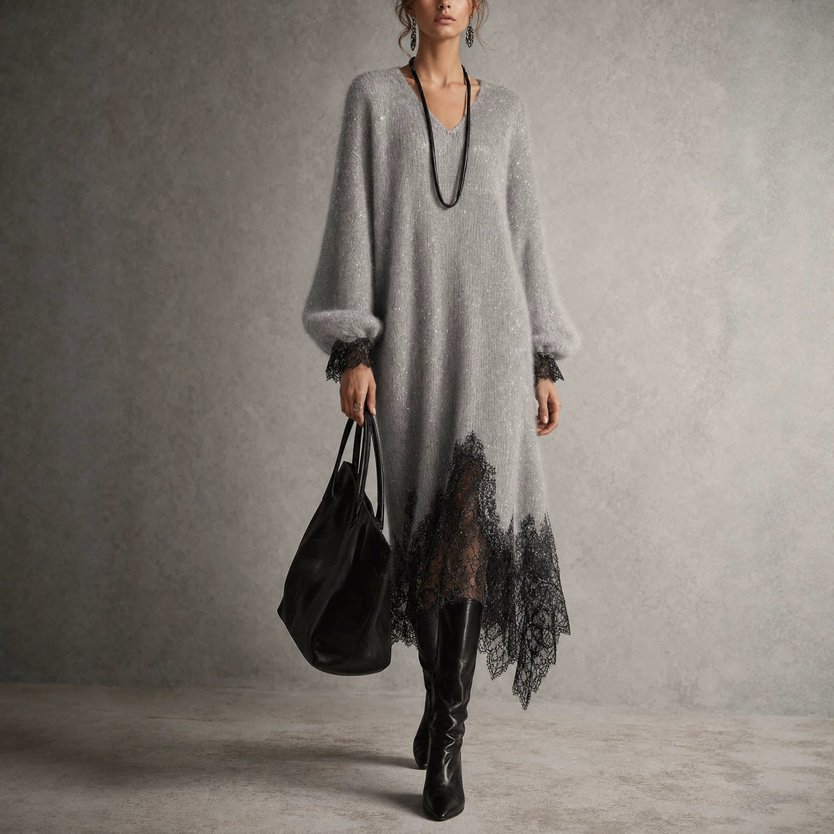 Robe en maille Margaux à empiècements dentelle