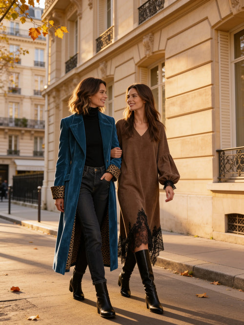 Manteau Héloïse bleu saphir porté par une mère, avec sa fille en robe Inès