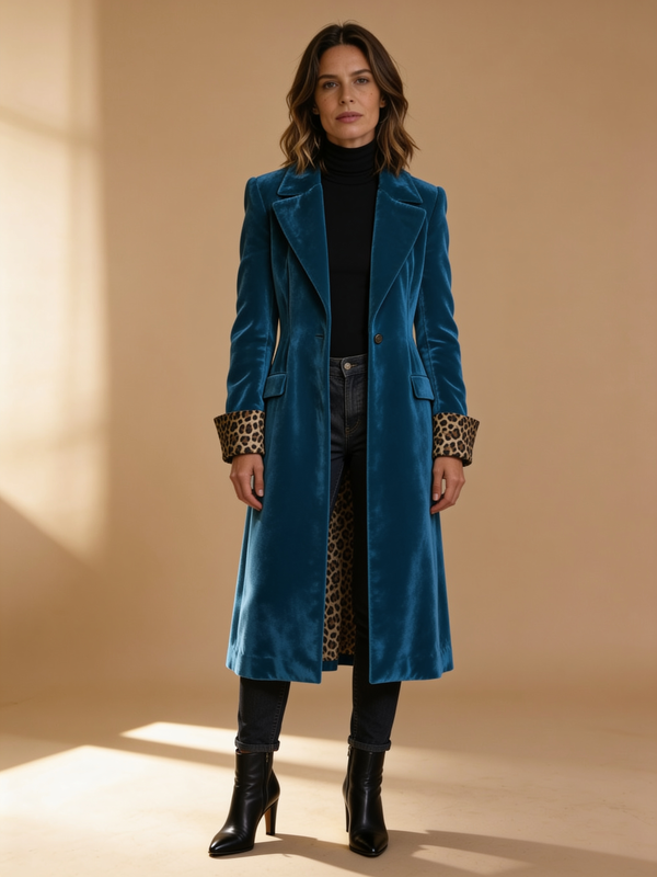 Manteau long Héloïse en velours, détails léopard